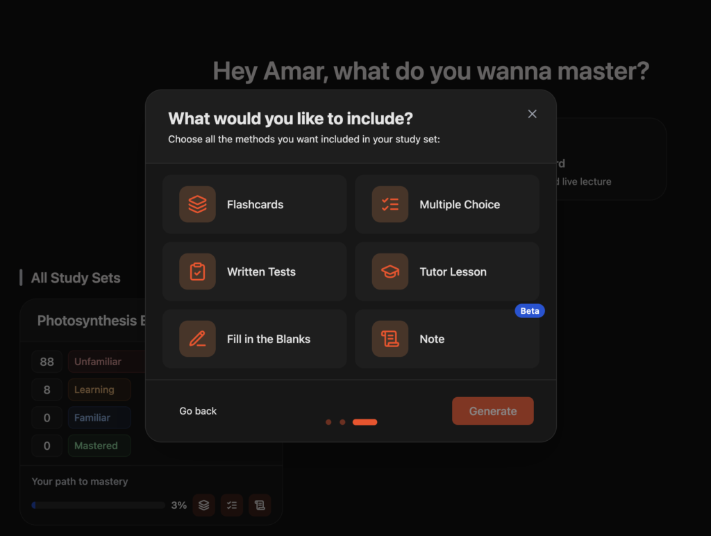 opup menu offering various study content formats